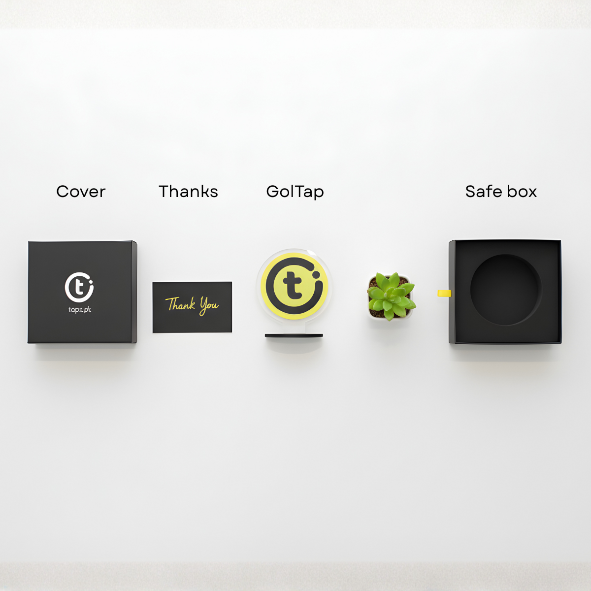 GolTap Premium Packaging - Cover box, Thank You card, Standee, and Safe box
