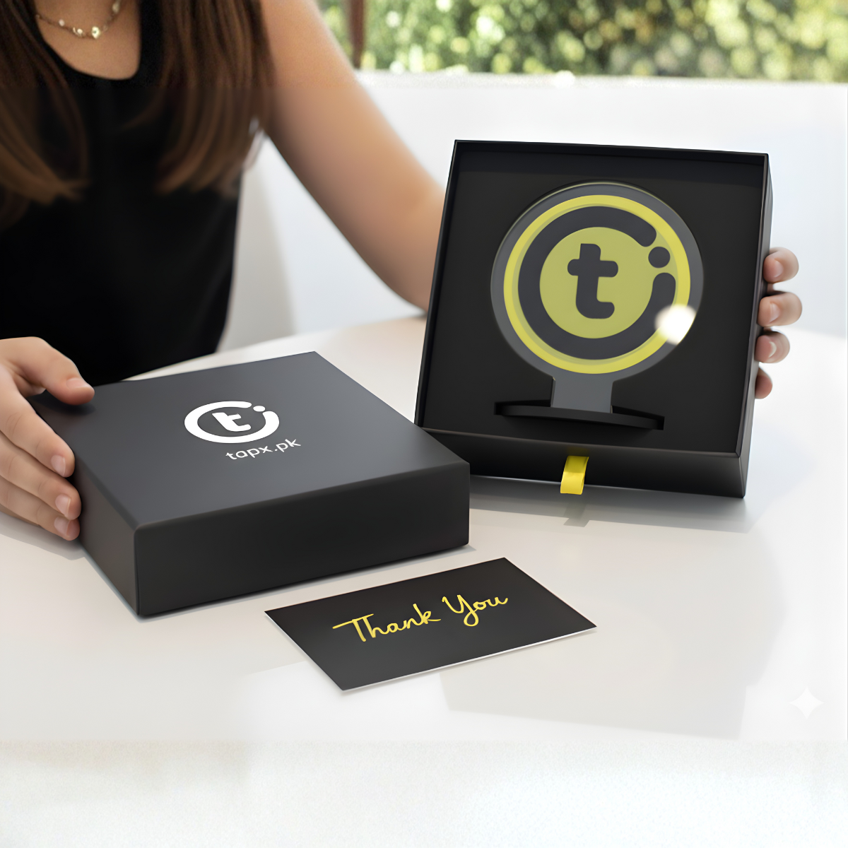 GolTap Unboxing Experience - Premium black packaging with standee