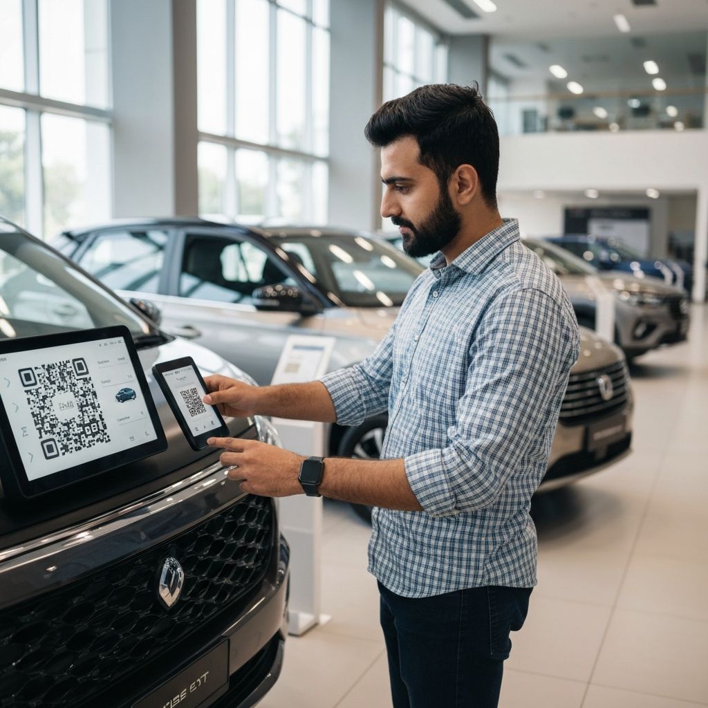 Customer scanning vehicle specs QR in showroom