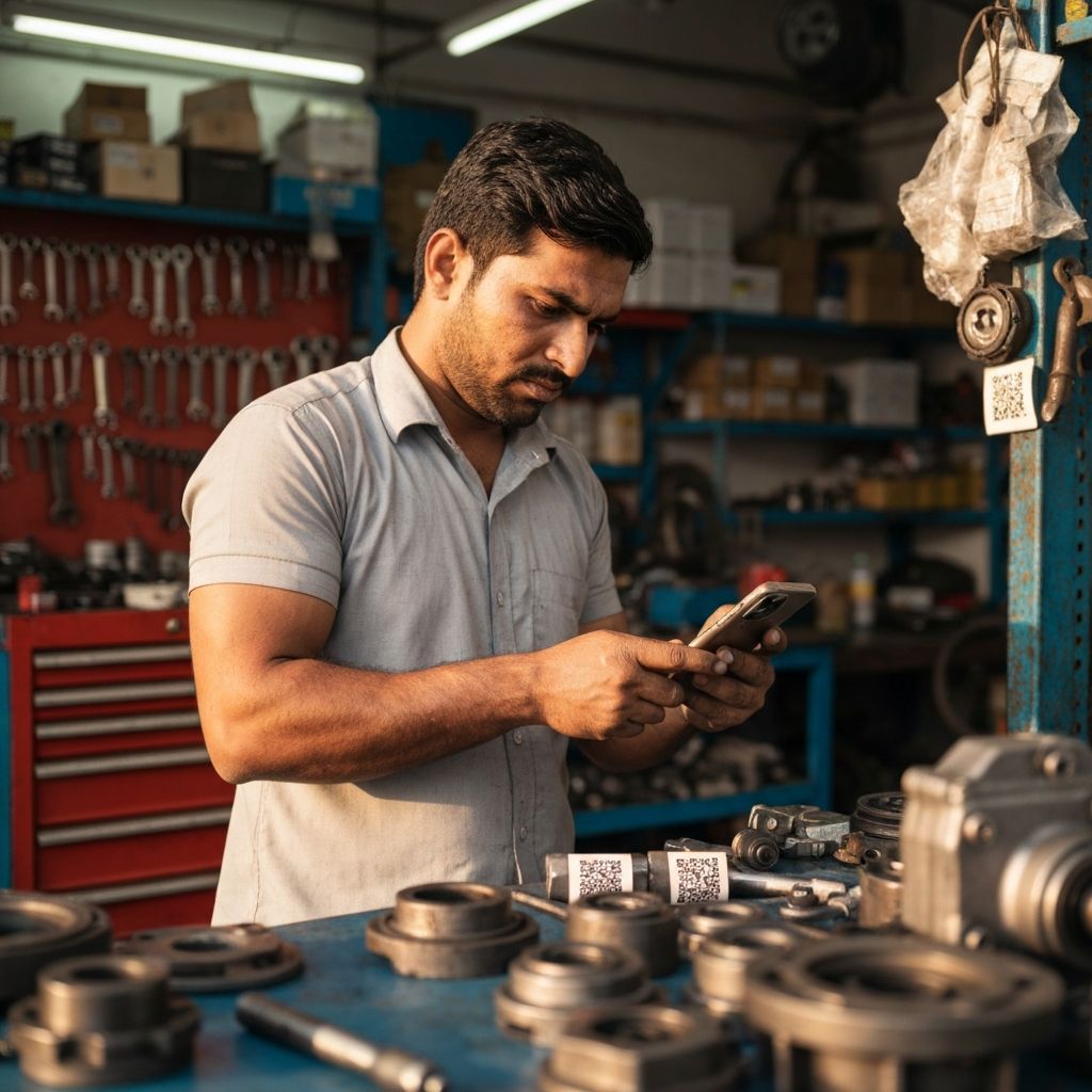 Mechanic scanning small QR sticker on spare part with phone
