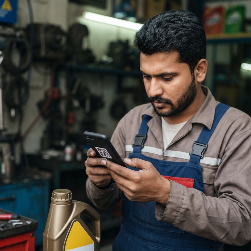 Mechanic verifying oil bottle cap QR code to check authenticity
