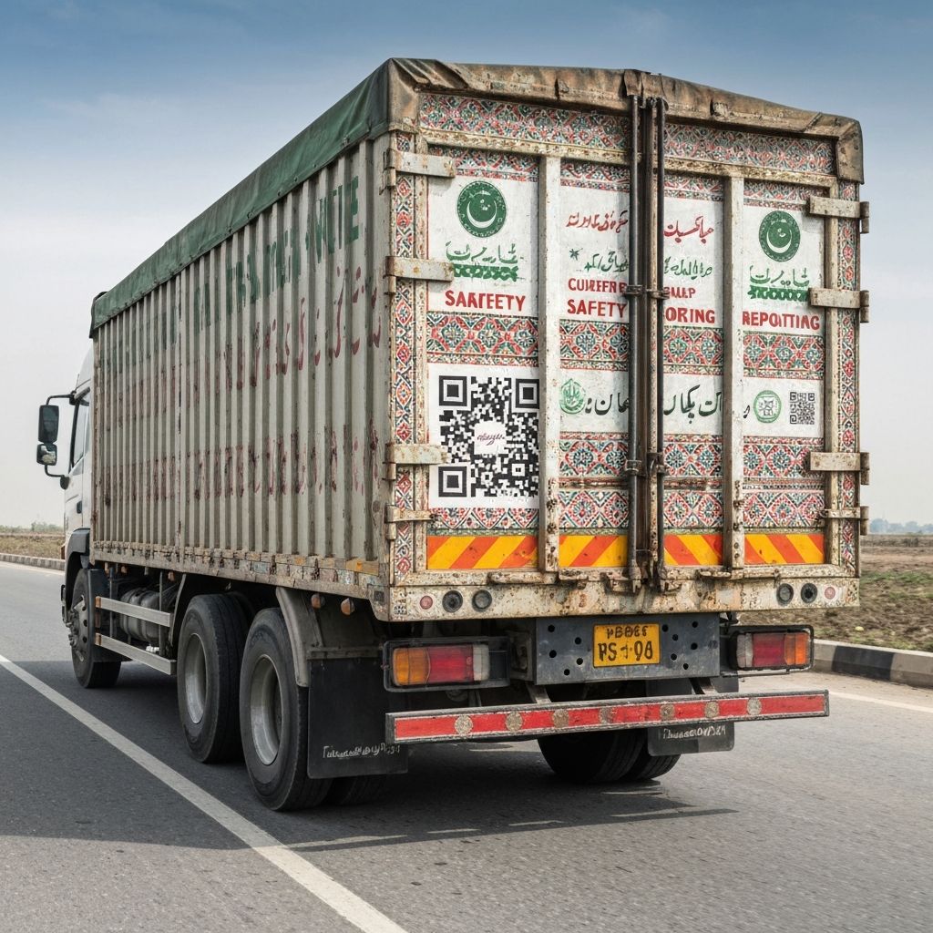 Truck with How am I Driving QR code sticker for safety reporting