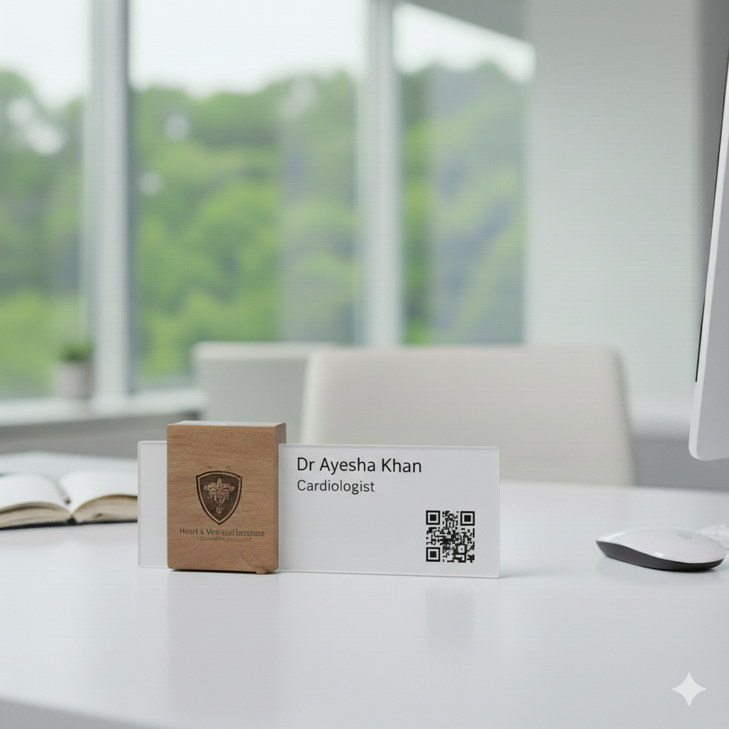 TapX Name Plates - Wooden nameplate with QR code card for Dr Ayesha Khan Cardiologist